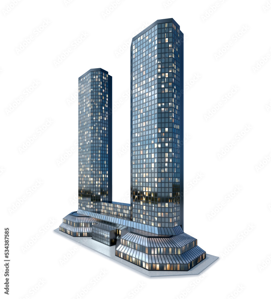 Realistic skyscraper building isolated on white background. 3d illustration