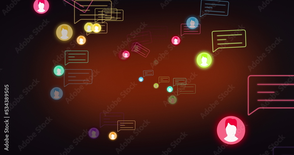 Image of colourful social network people icons and speech bubbles on brown background