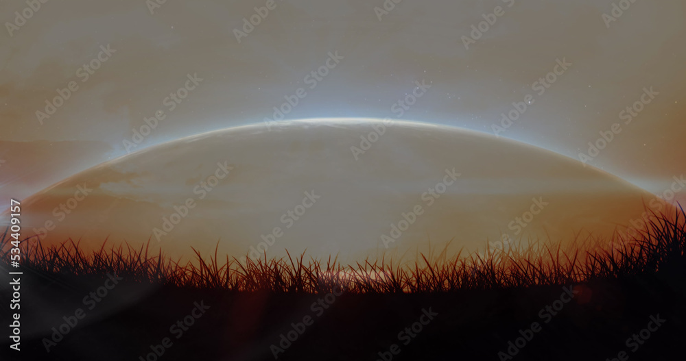 Image of grass over sun appearing over globe