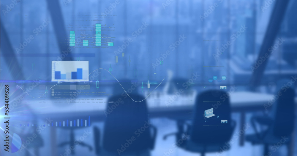 Image of data processing with statistics over empty office on blue background