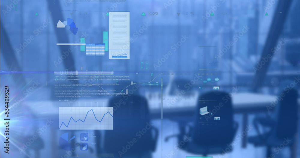 Image of data processing with statistics over empty office on blue background