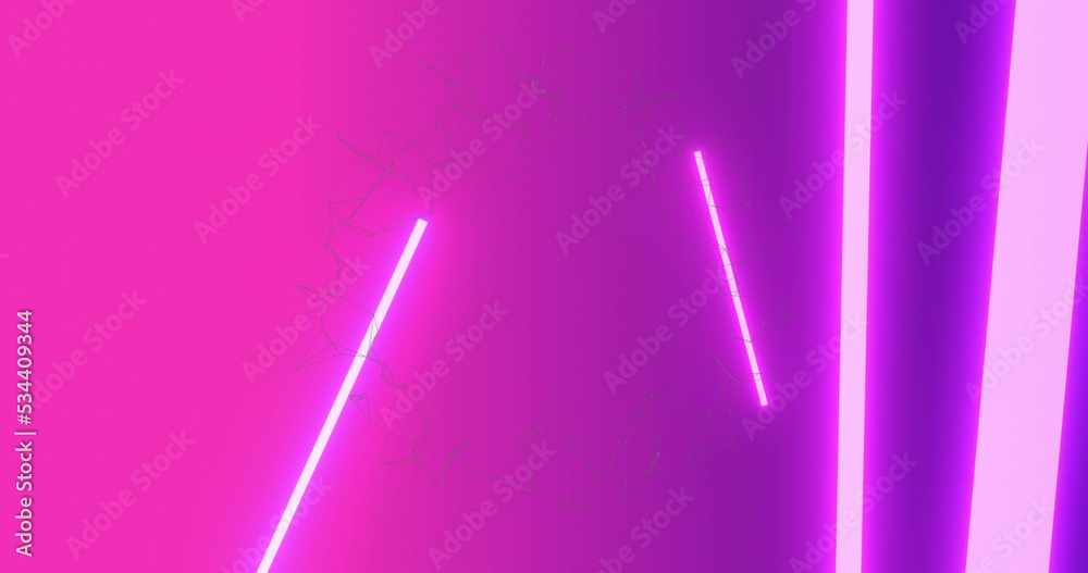 Image of network of connections spinning over glowing neon purple lights