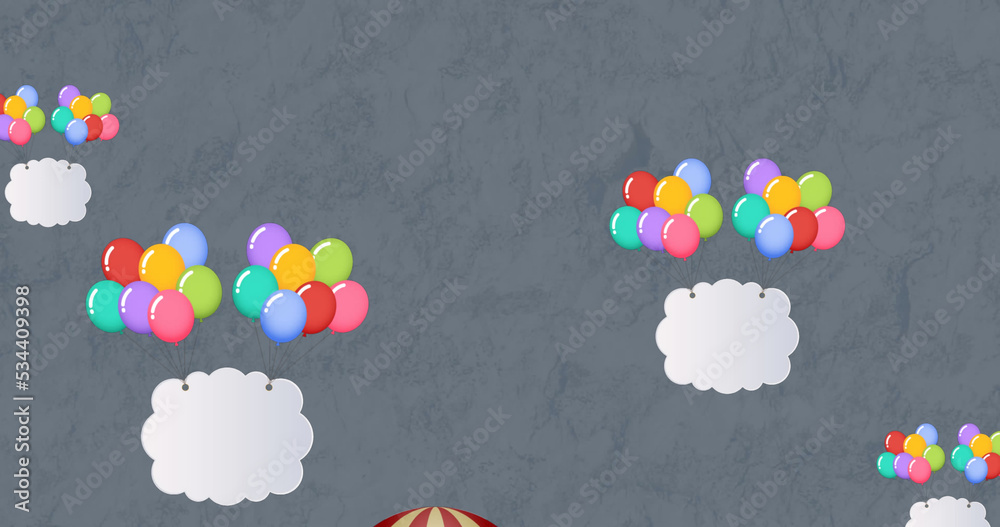 Image of colorful balloons flying with clouds and hot air balloon over grey background