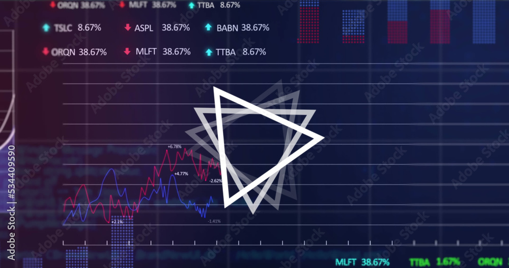 股票市场上的抽象三角形和蓝色背景下的财务数据处理