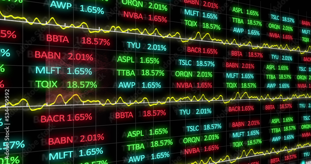 Digital image of stock market data processing against red digital wave on black background