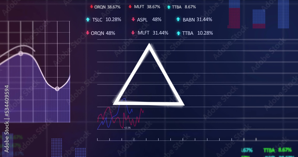股票市场上的抽象三角形和蓝色背景下的财务数据处理