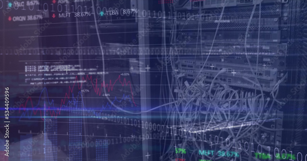 Binary coding and stock market data processing against close up of a computer server