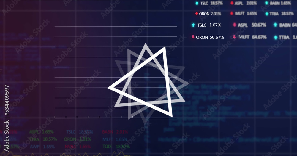 Abstract triangular shape over stock market and financial data processing on blue background