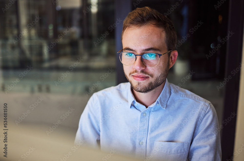 Night work, business email and businessman planning a corporate proposal on a computer in a dark off