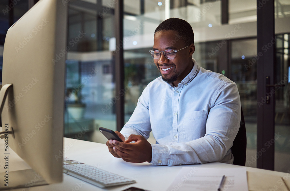 Social media phone, night work and businessman reading an email on smartphone while working in a dar