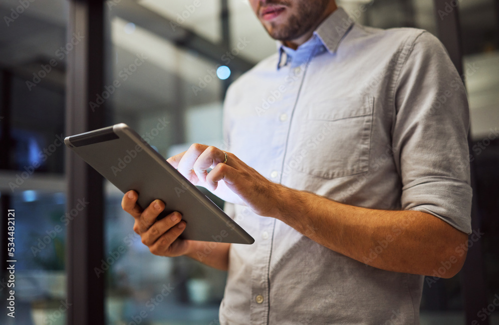 Night, office and businessman hands on tablet, planning and strategy for online research, mobile not