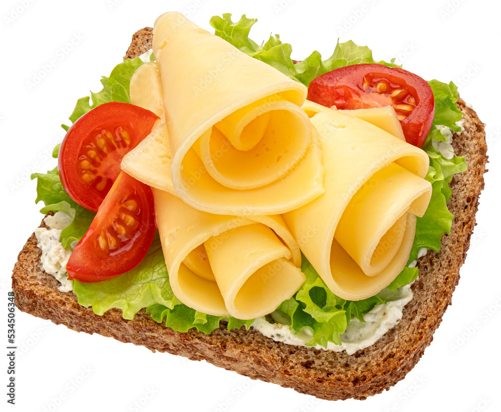 Cheese slices on rye bread with tomatoes and lettuce leaves isolated