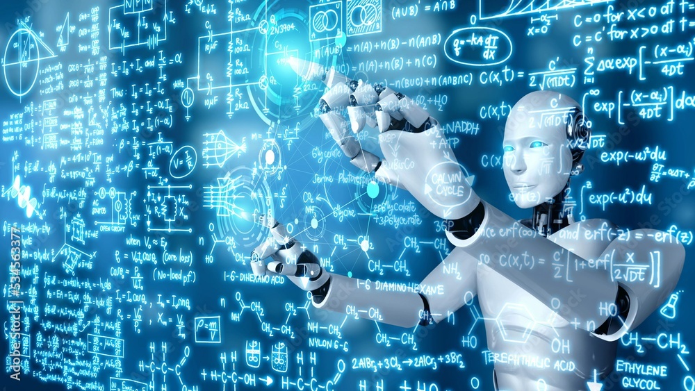 AI hominoid robot touch screen of mathematics formula and science equation by using artificial intel