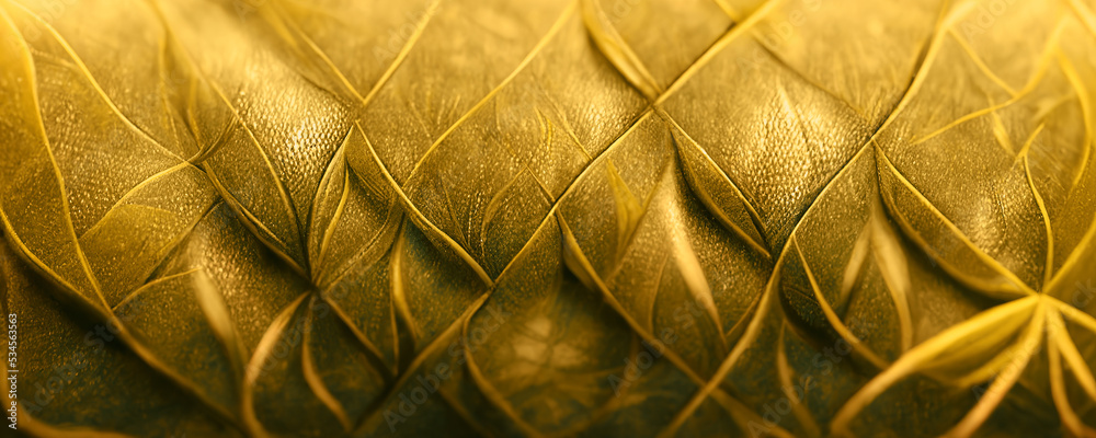 Macro abstract closeup of a plant leaf reveals its spectacular lifelike veins, as well as golden tex