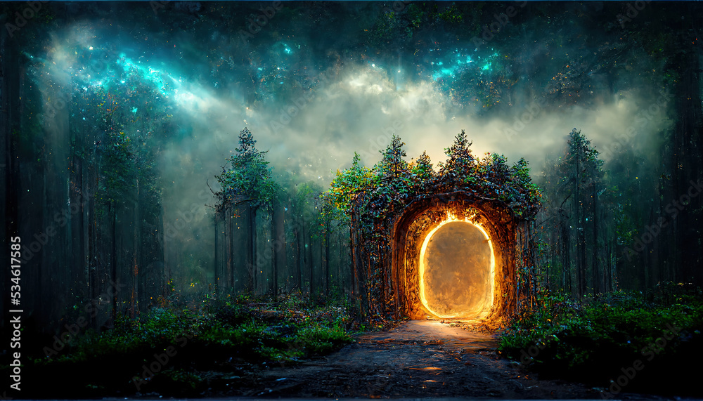 Spectacular fantasy scene with a portal archway covered in creepers. In the fantasy world, ancient m