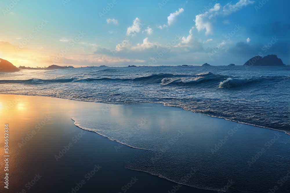 海洋日落，海洋景观全景，海洋日出，水面上的光。美丽的se