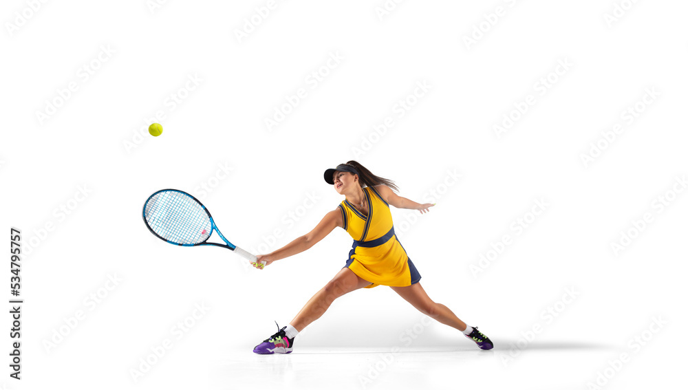 Woman playing tennis isolated on white