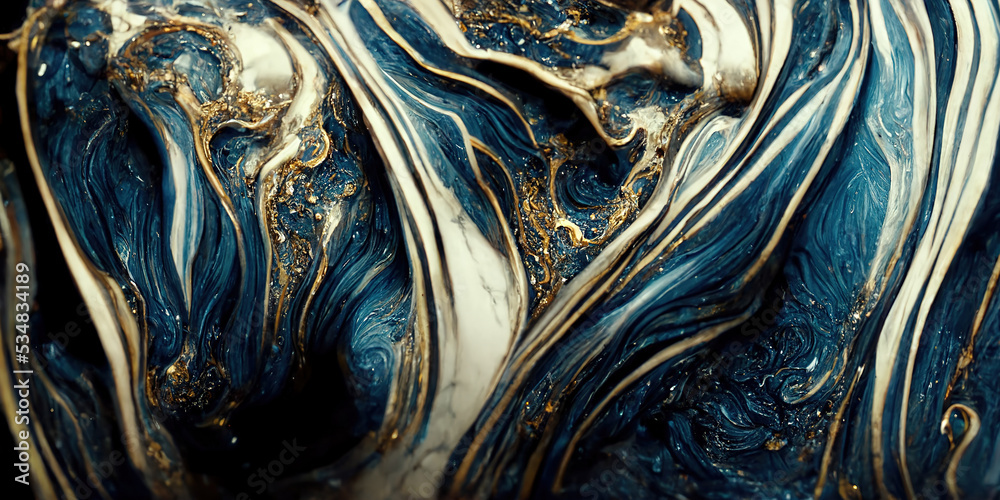 Spectacular image of dark blue and white liquid ink churning together, with a realistic texture and 