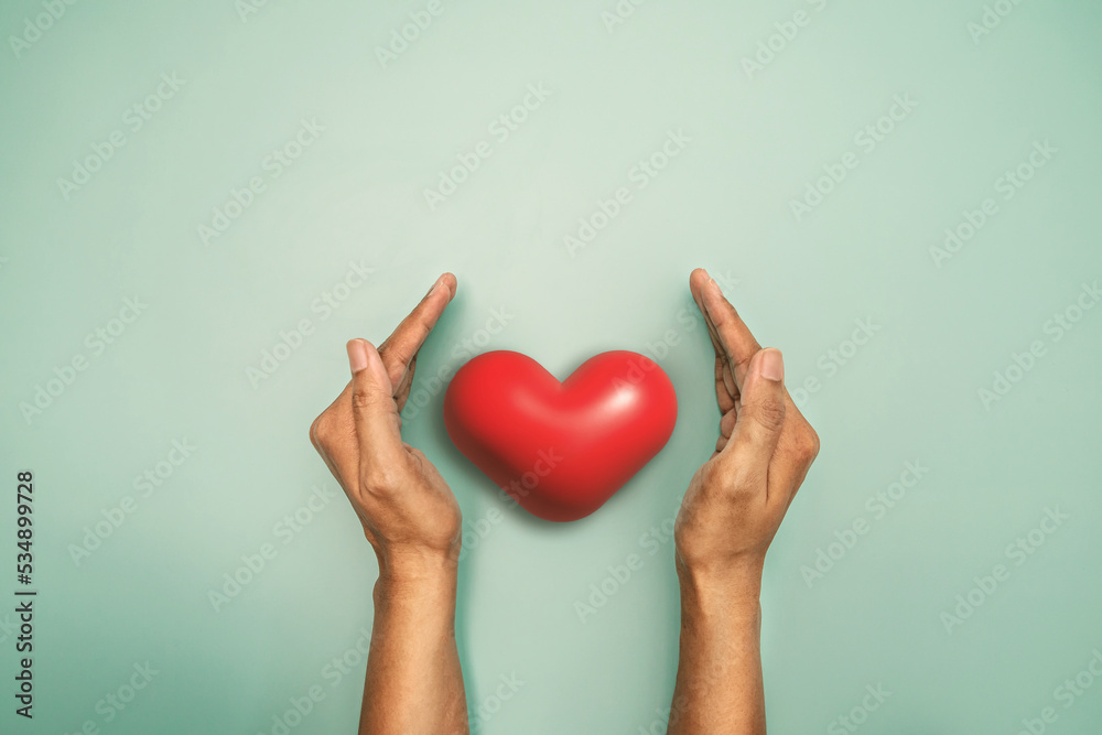 red heart in hand on light green background for a mental health care and symbolic of world heart day