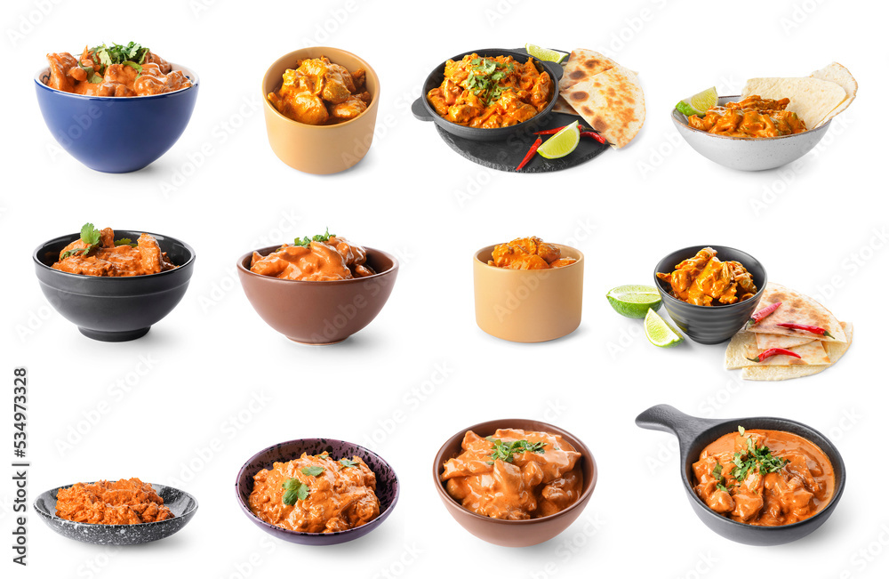 Set of tasty chicken tikka masala on white background