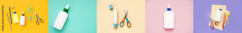 Set of glue and different stationery on color background