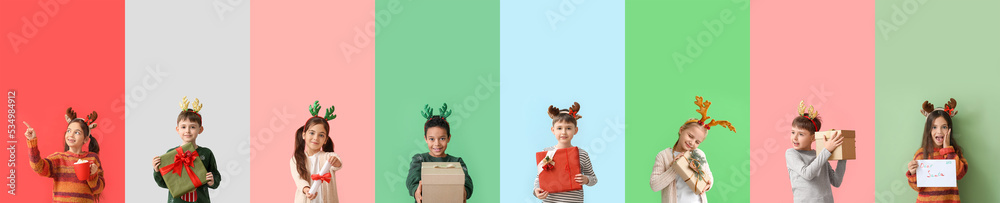 Set of happy children with reindeer horns on colorful background