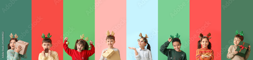 Set of happy children with reindeer horns on colorful background