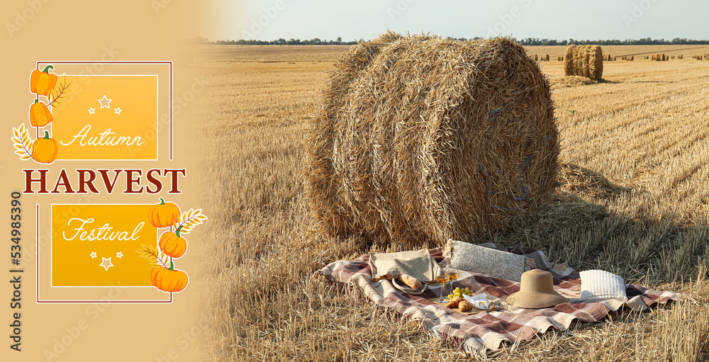 Picnic near haystack on wheat field. Autumn harvest festival