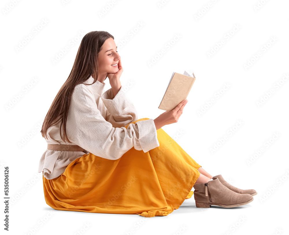 Beautiful woman reading book on white background