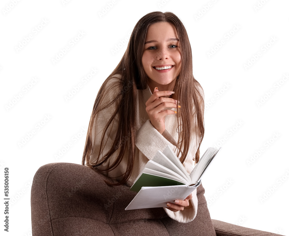 Beautiful woman reading book near armchair on white background