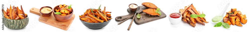 Set of tasty prepared sweet potatoes with spices and sauces on white background