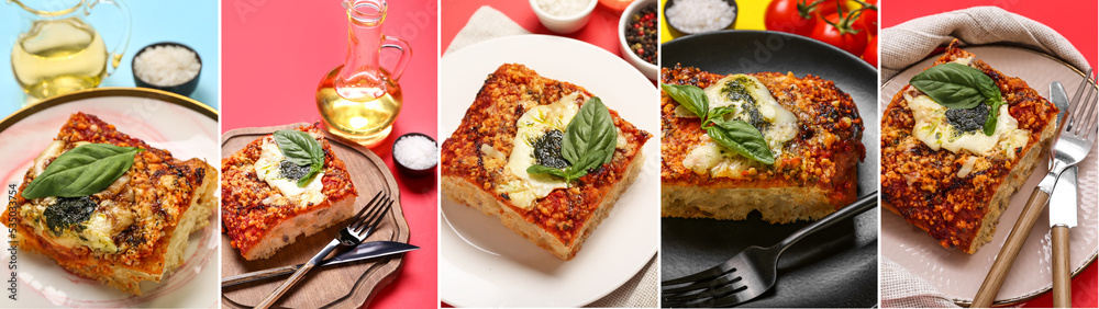 Collage of tasty Italian pie on color background