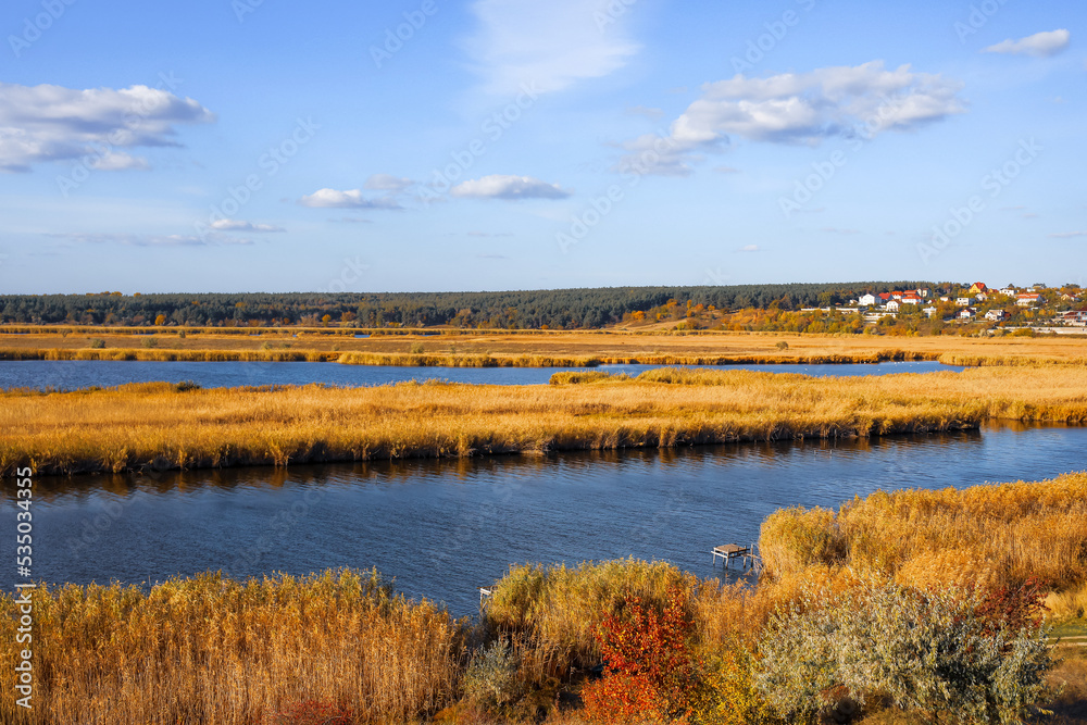 Beautiful aerial view of river on autumn day