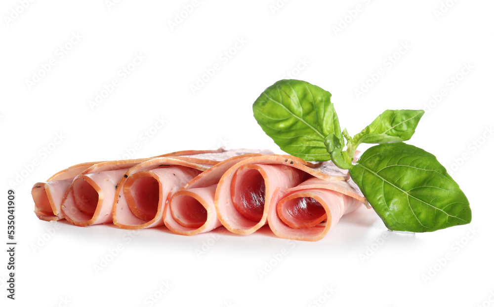 Rolled slices of ham on white background