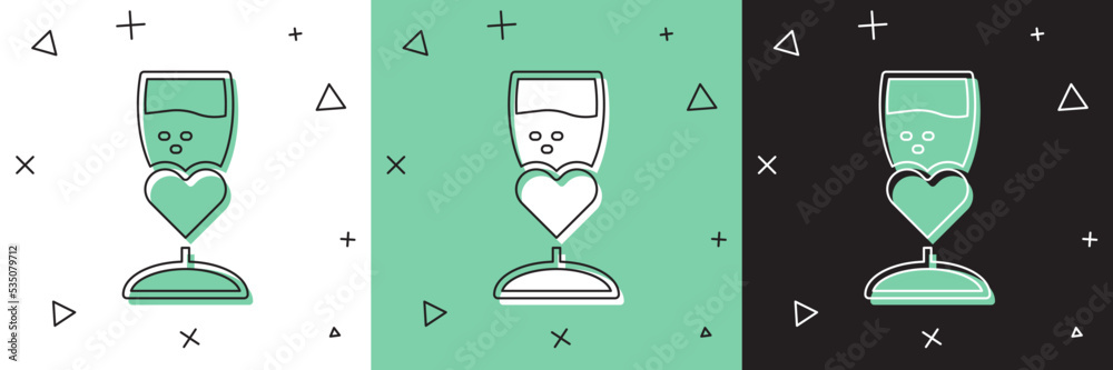 Set Glass of champagne icon isolated on white and green, black background. Happy Valentines day. Vec