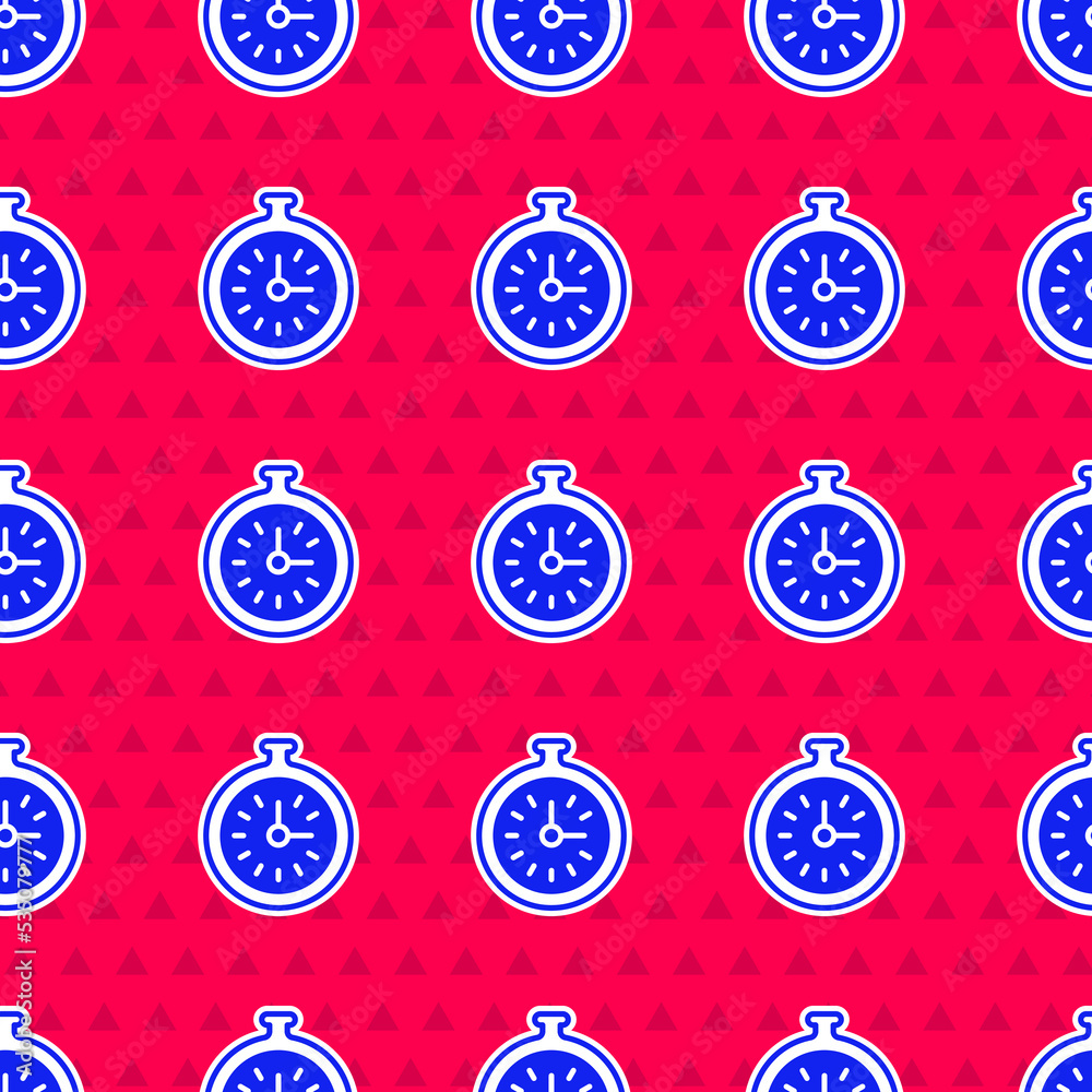 Blue Pocket watch icon isolated seamless pattern on red background. Vector