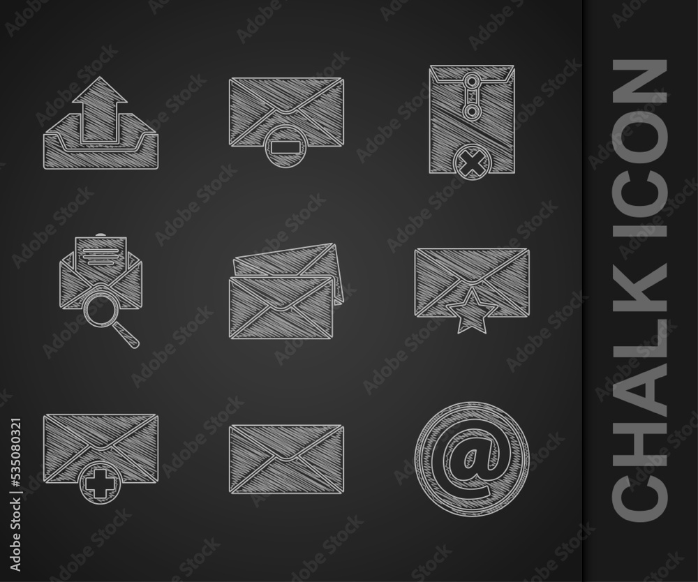 Set Envelope, Mail and e-mail, with star, Received message concept, magnifying glass, Delete envelop