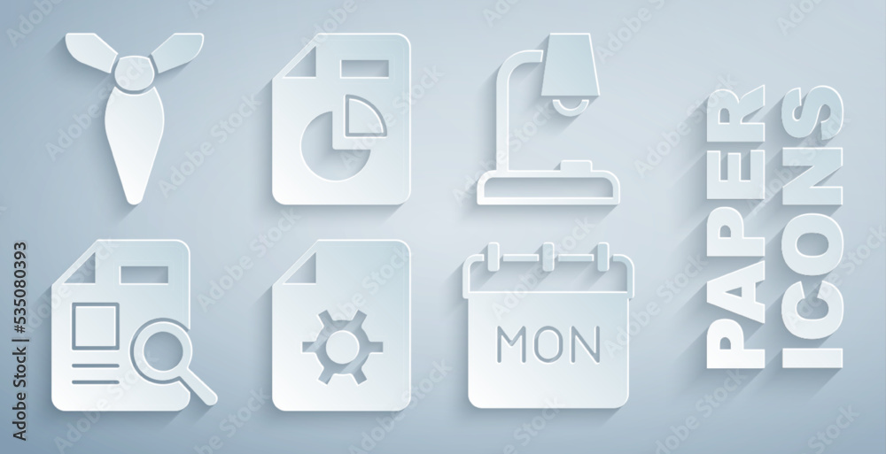 Set Document settings, Table lamp, with graph chart, Calendar, and Tie icon. Vector