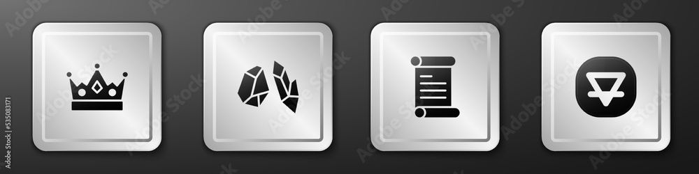 设置国王王冠、魔法石、法令、羊皮纸、卷轴和地球元素图标。银色方形按钮。