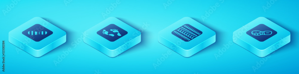 Set Isometric Human footprints shoes, , and Tire track icon. Vector