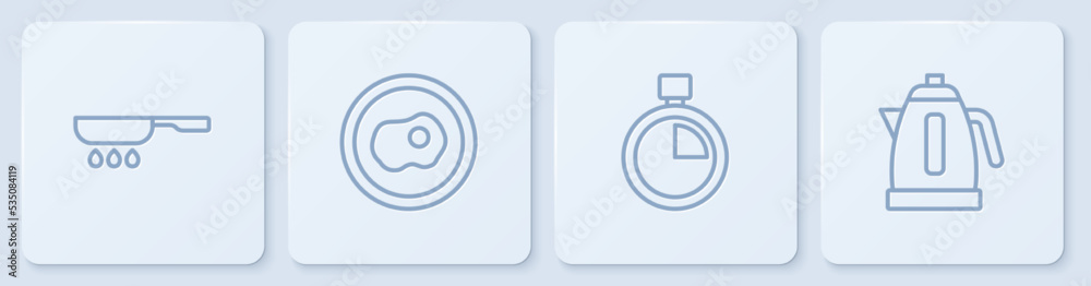 设置线煎锅、秒表、炒鸡蛋和电热水壶。白色方形按钮。矢量