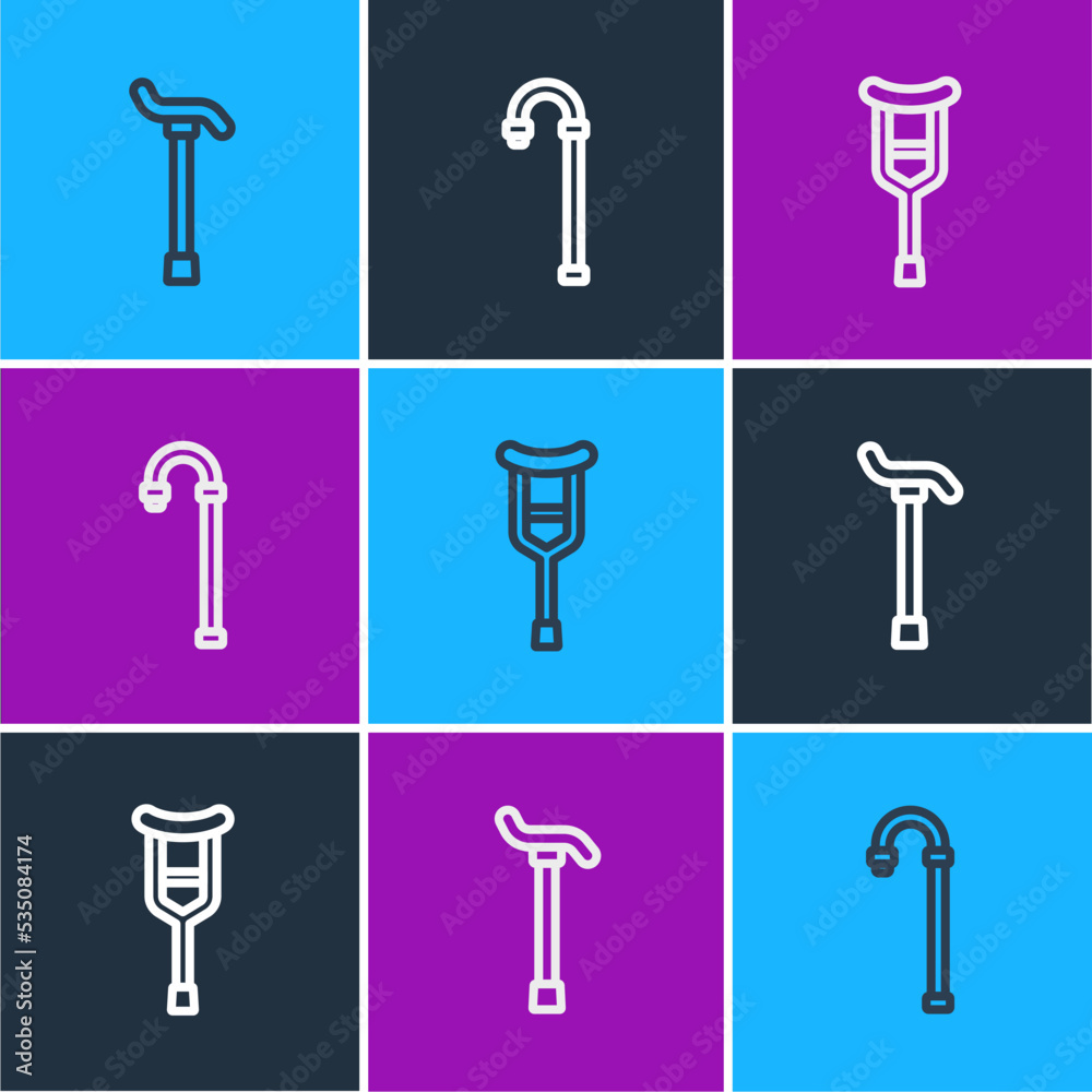 Set line Walking stick cane, Crutch or crutches and icon. Vector