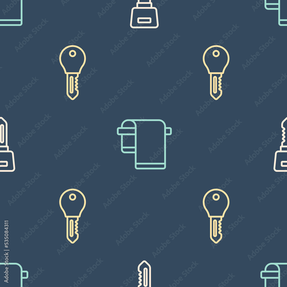 Set line Hotel door lock key, and Towel on hanger on seamless pattern. Vector