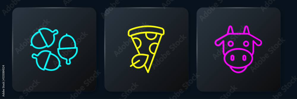 Set line Acorn, Cow head and Vegan pizza slice. Black square button. Vector