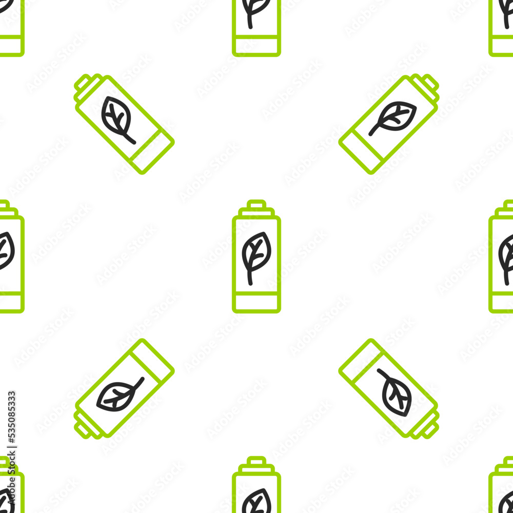 Line Eco nature leaf and battery icon isolated无缝图案，白色背景。基于能源