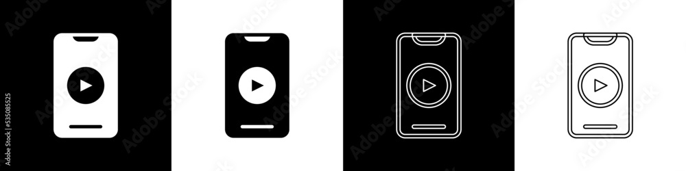 Set Online play video icon isolated on black and white background. Smartphone and film strip with pl