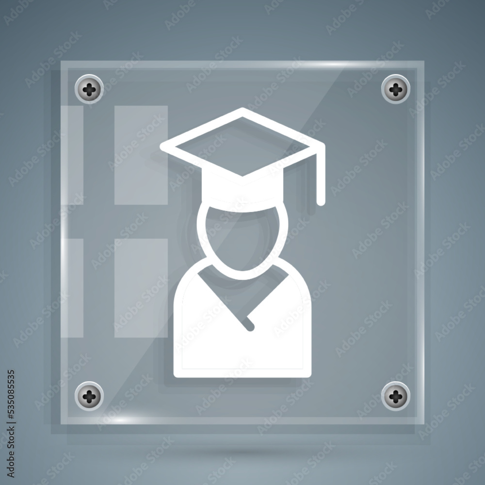 White Graduate and graduation cap icon isolated on grey background. Square glass panels. Vector