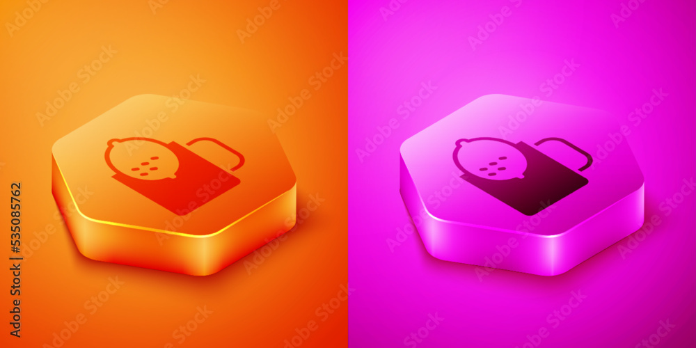 Isometric Cup of tea with lemon icon isolated on orange and pink background. Hexagon button. Vector