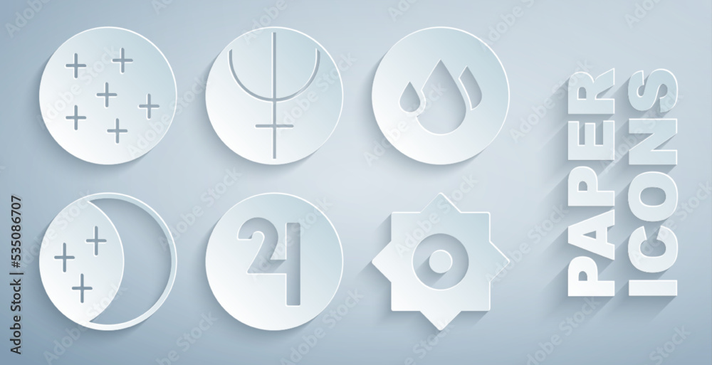 Set Symbol Jupiter, Water drop, Eclipse of the sun, Falling star, Neptune planet and Full moon icon.