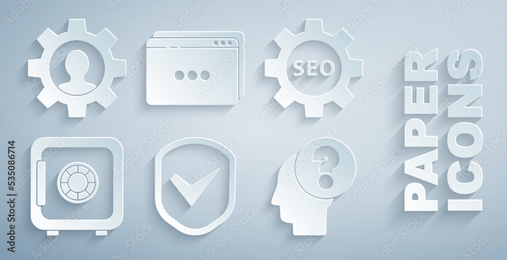 Set Shield with check mark，Seo tag gear wheel，Safe，Human head question，Website template and insi（设置带